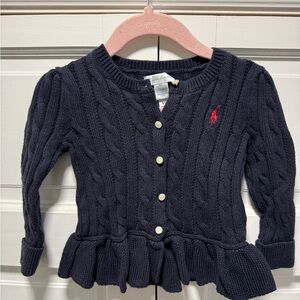 Ralph Lauren Blue Cable Knit Sweater with Red Emblem
